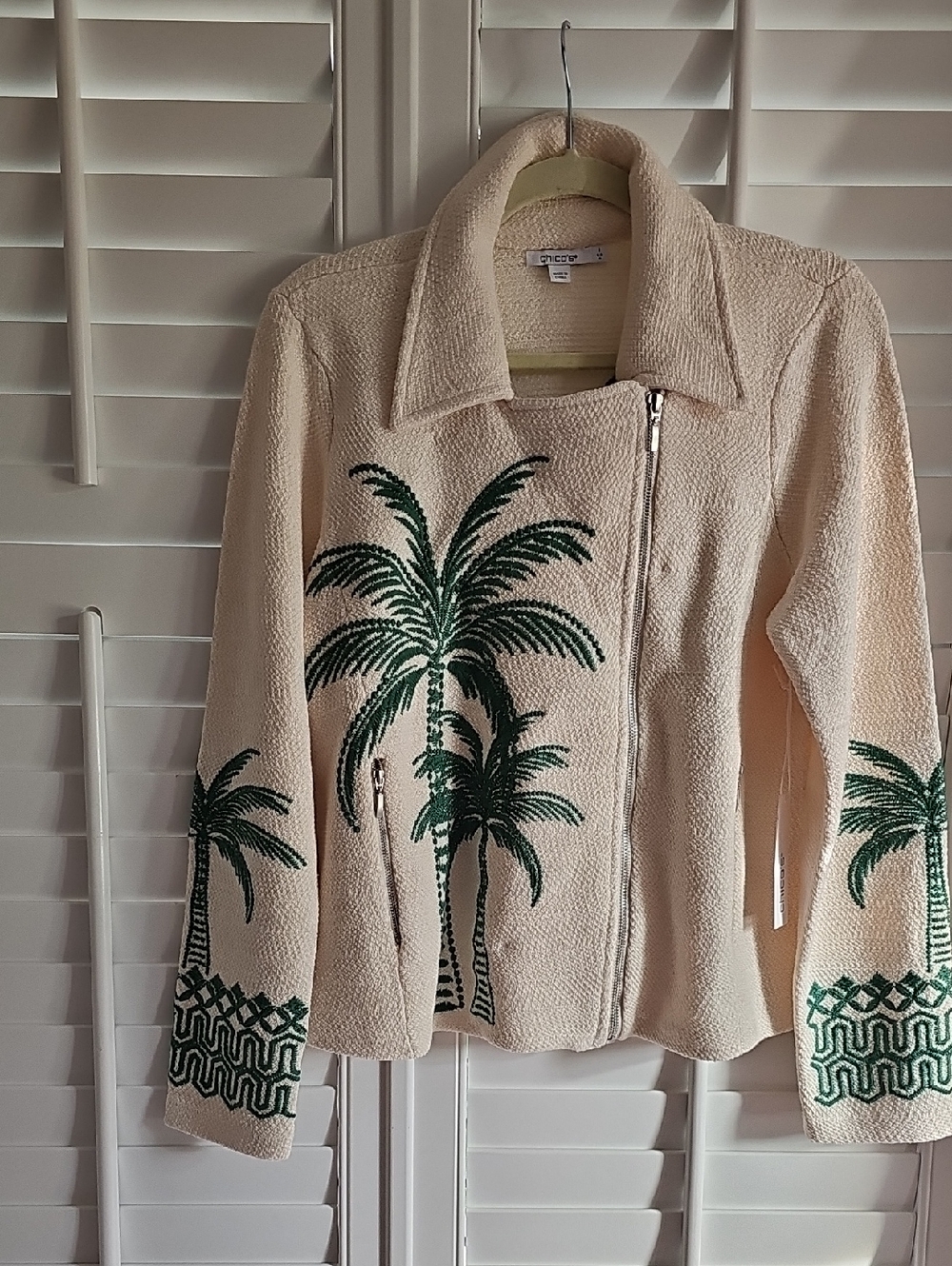 Chico's Palm Tree Embroidered Cream Zip Jacket